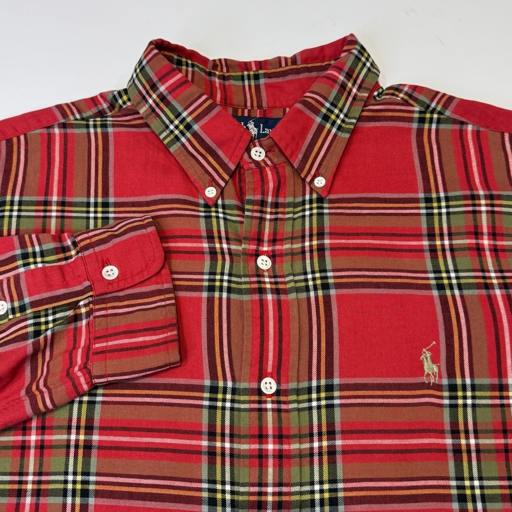 Ralph Lauren Pony Men's XL Long Sleeve Button Down Red Green Plaid 100% Cotton